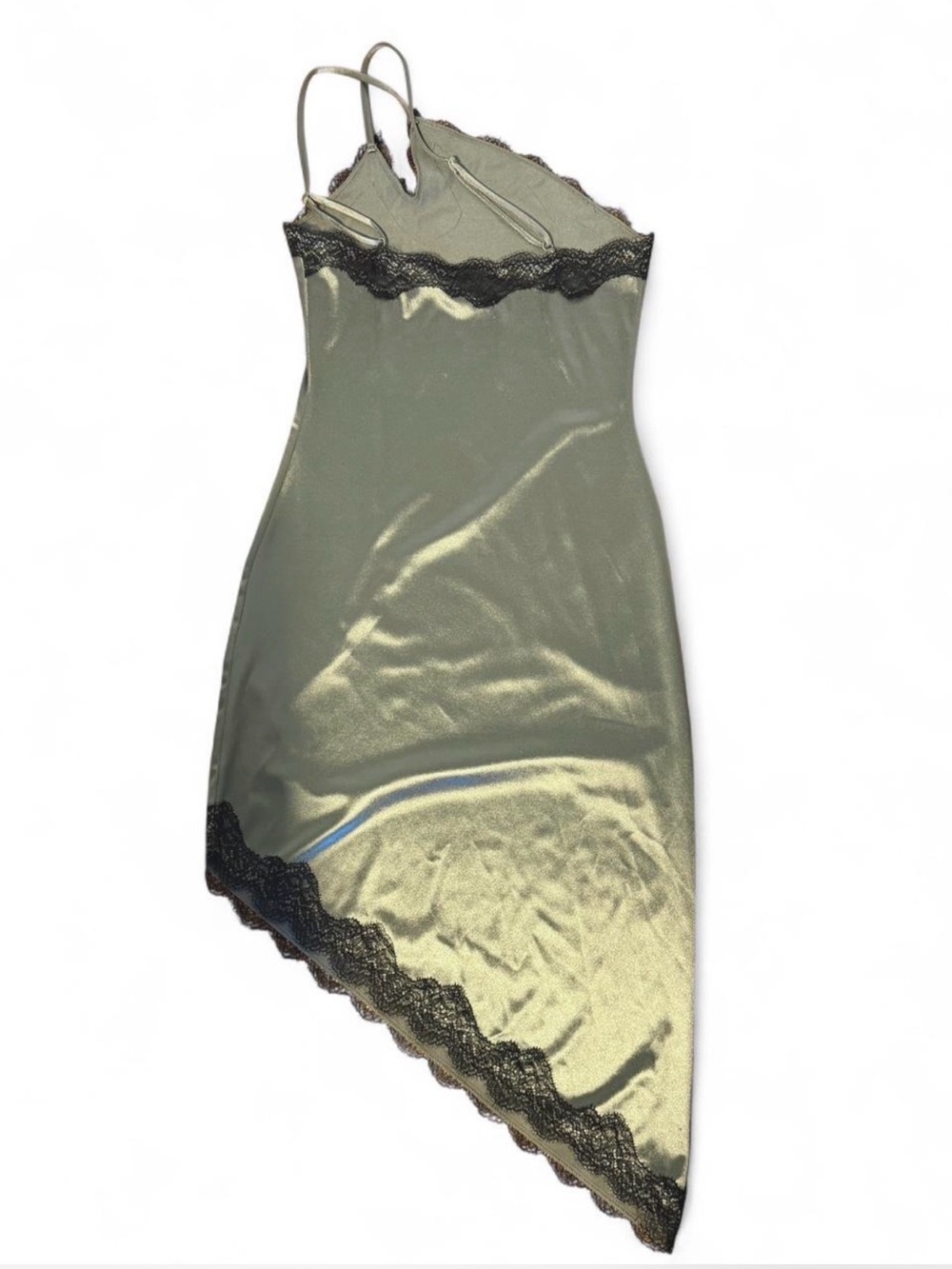 H&M - Sage Green Asymmetrical Slip Dress with Black Lace Trim - Picture 4 of 5